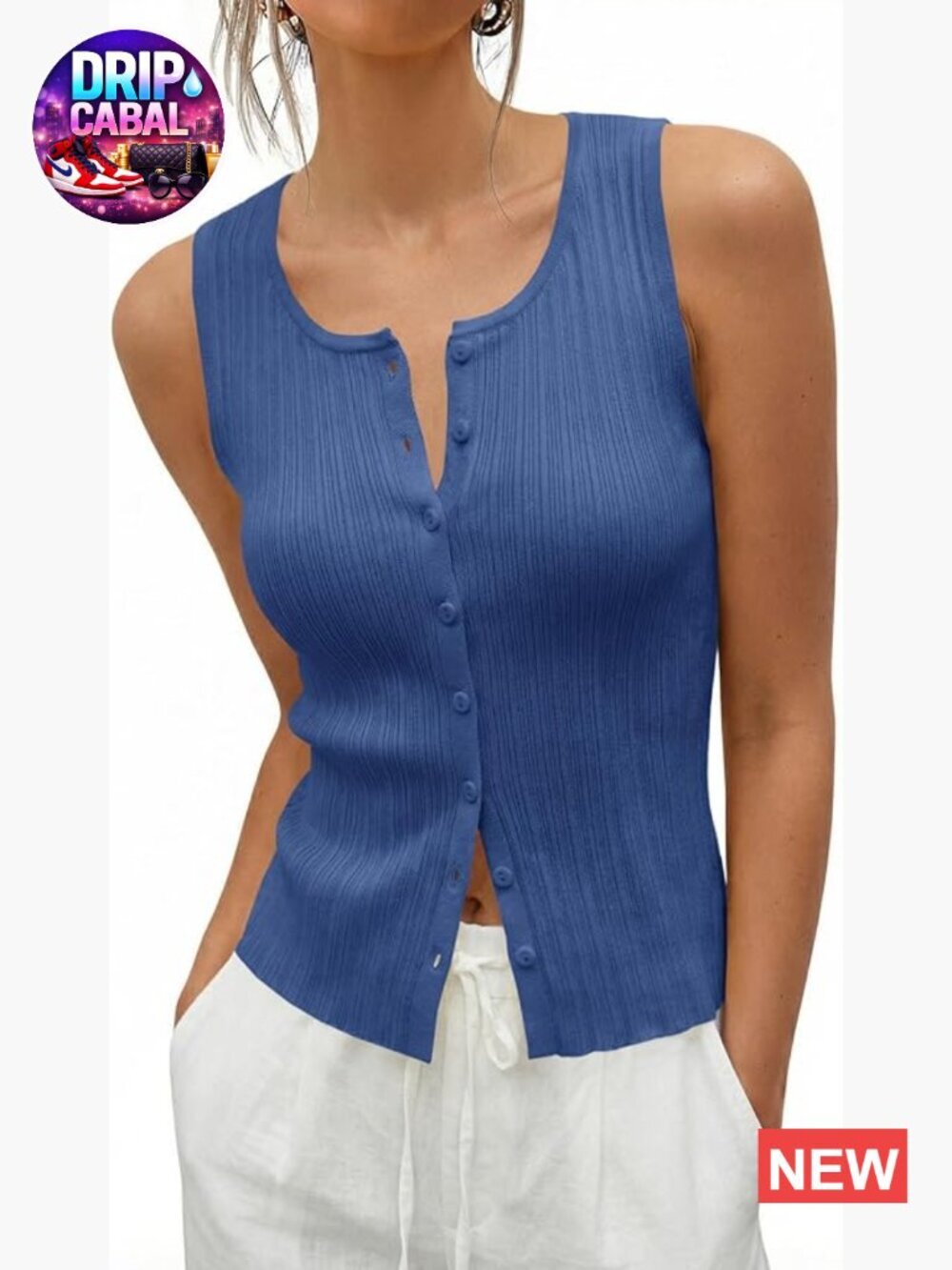Sleeveless Ribbed Knit Sweater Vest Button Down Scoop Neck Tank Top